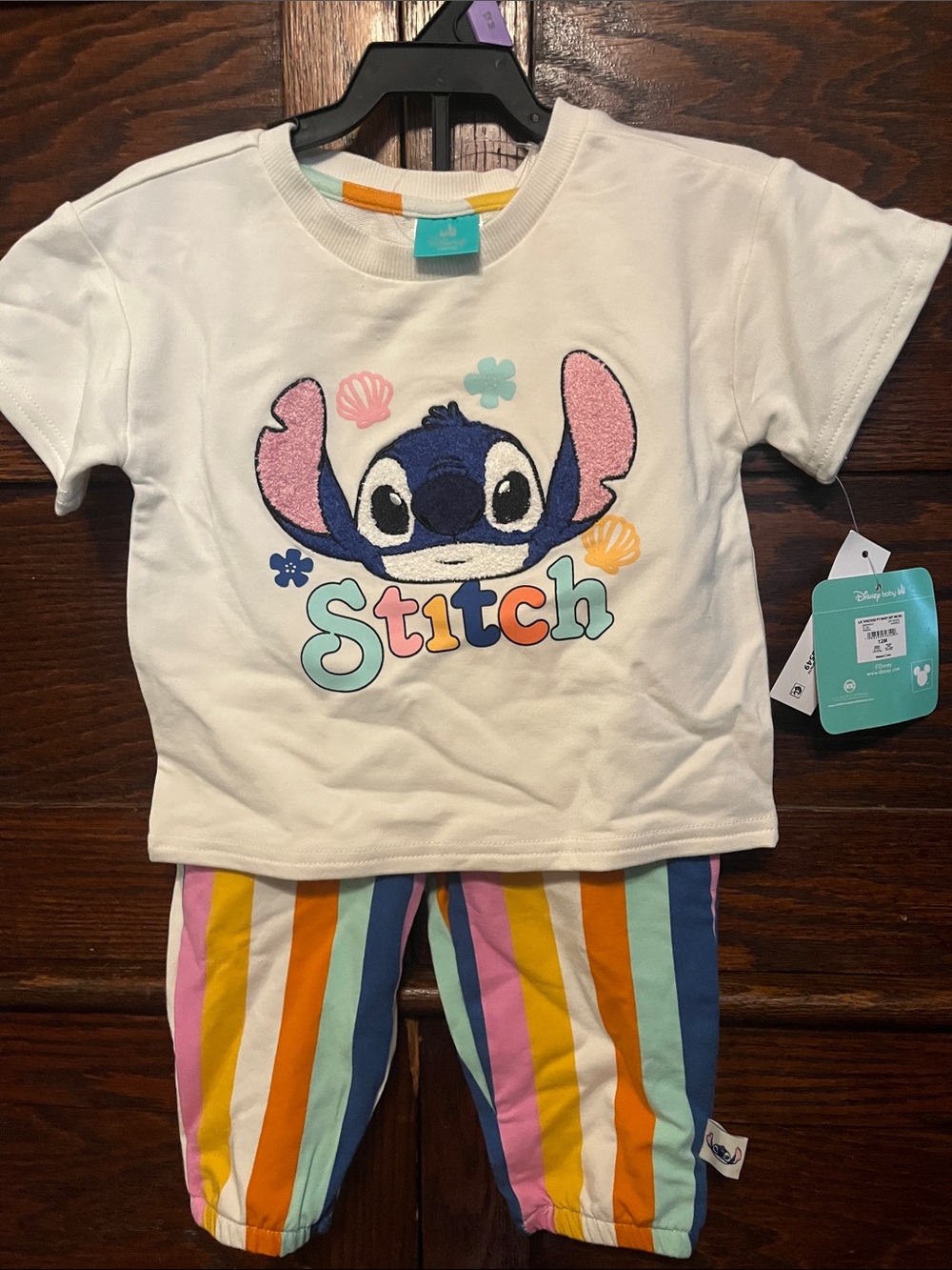 Disney White Stitch Tee with Multicolor Striped Pants Pajama Set